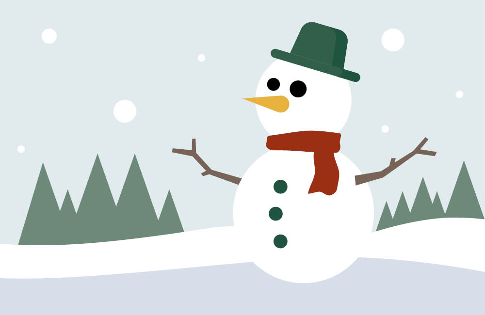 Illustration av en snögubbe med hatt, halsduk. I bakgrunden syns granar och snöbackar.