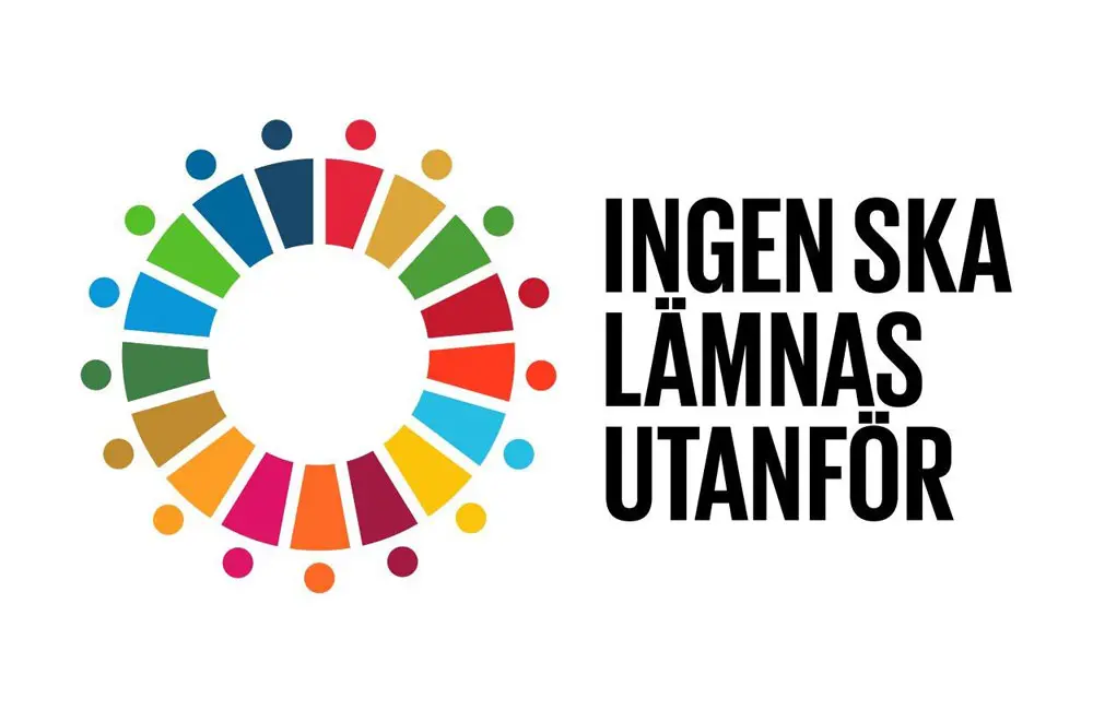 Logotypen för Agenda 2030 med texten, Ingen ska lämnas utanför