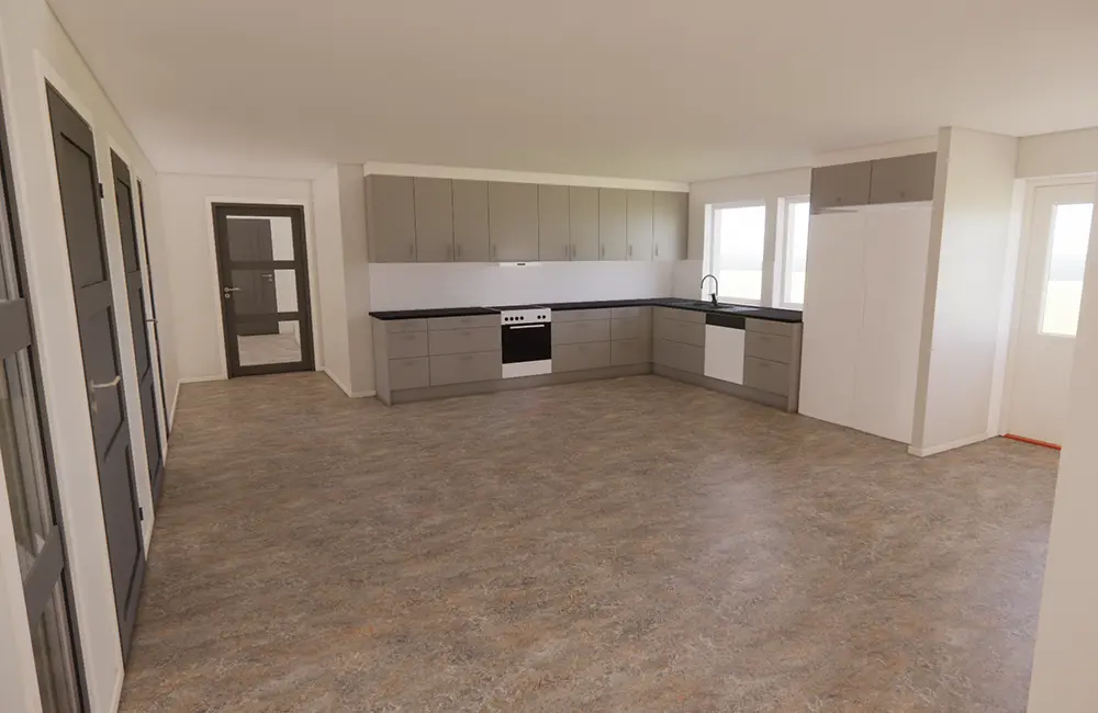 Rum med vita väggar, kök, grått golv och fönster.