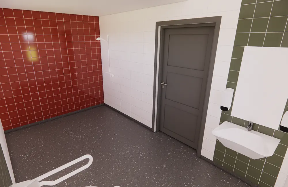 Badrum med grönt och rött kakel.