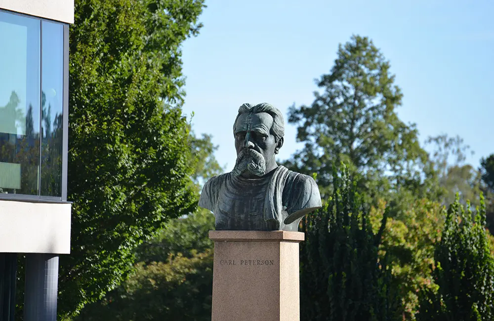 Skulptur föreställande Carl Peterson. I bakgrunden är det grönska.