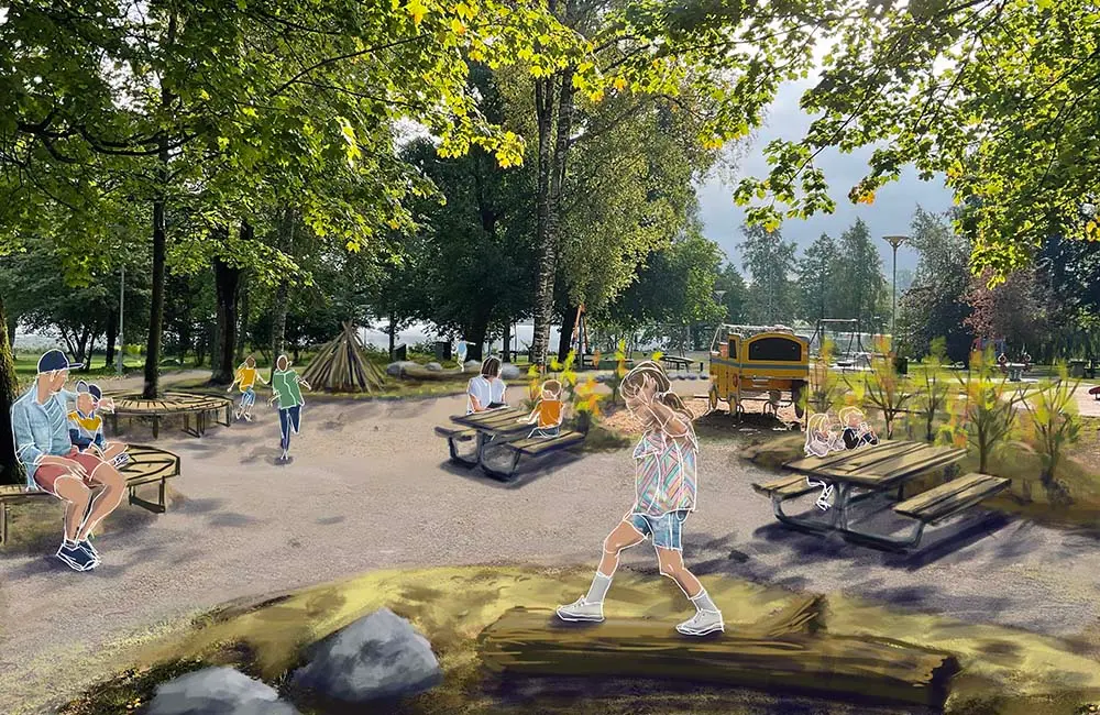 Barn leker i en grön och lummig park. Vuxna har slagit sig ner vid bänkar och bord. Det är sommar och alla ser glada ut.