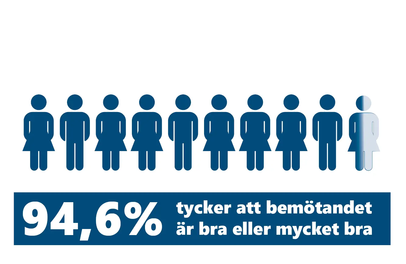 94,6% tycker att bemötandet från medarbetarna i arbetslaget varit bra eller mycket bra. 10 figurer färgare i blått och sista i halva vit för att representera procenten