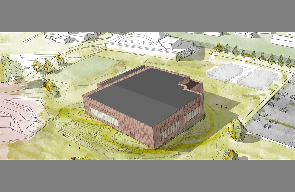 Illustration: En fyrkantig byggnad omringad av grönytor, parkering och andra byggnader.