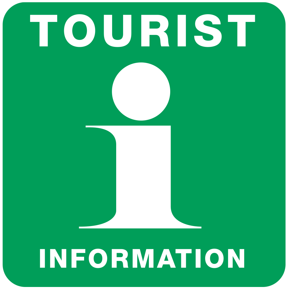 Logotype för turistinformation som har vit text på grön bottenplatta.