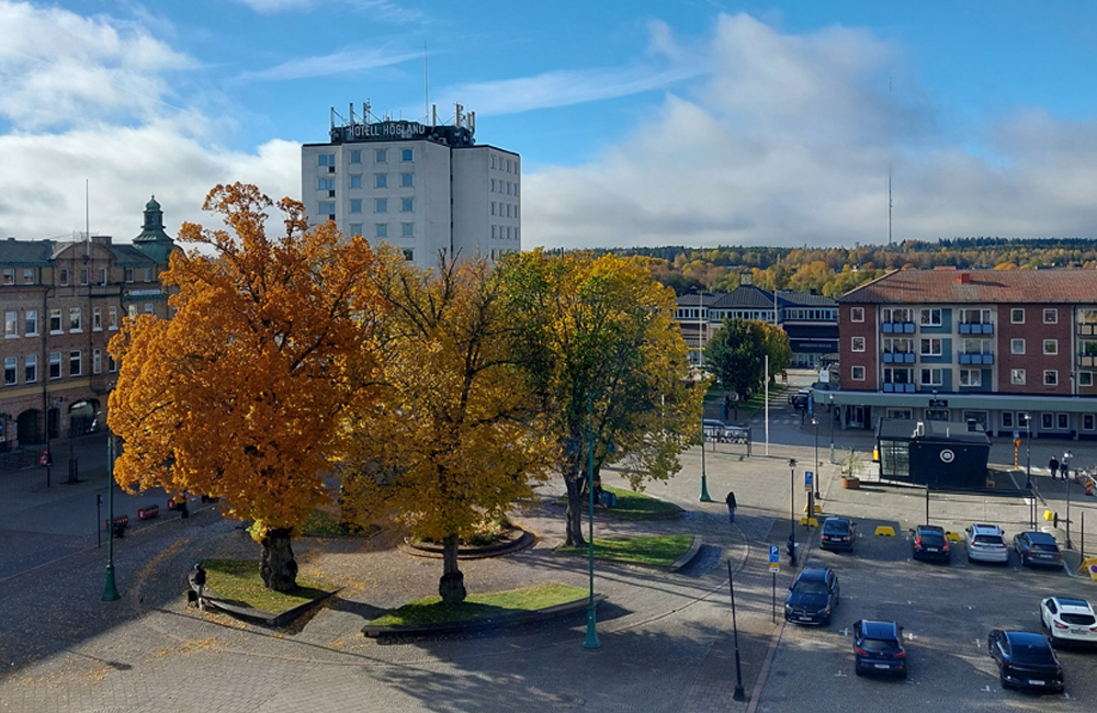 Ett torg i staden Nässjö som visar träd, byggnader och ett höghus.