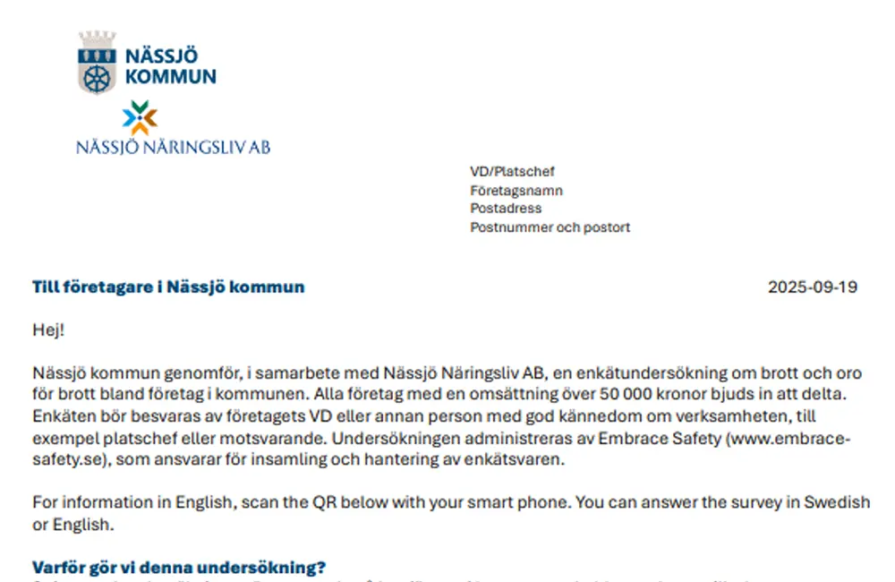 Utrklipp från ett brev, där finns ett adressfält till höger och till vänster Nässjö kommuns logga samt Nässjös näringslivs logga. Rubrikerna är blå och brödtexten svart.
