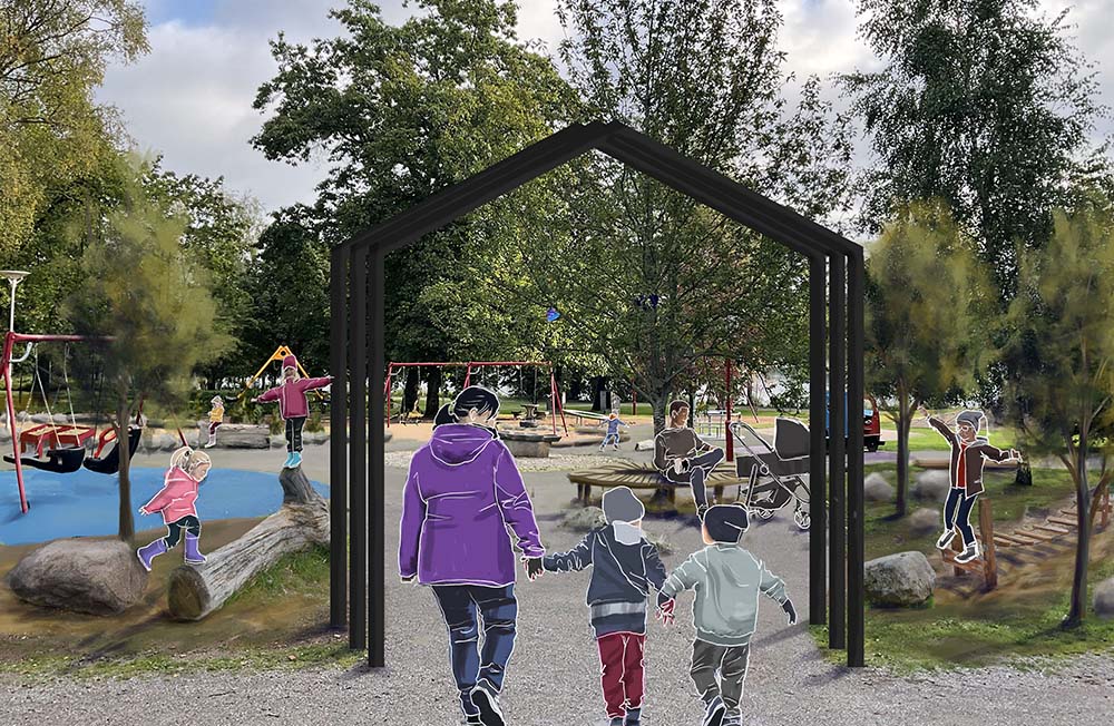 En skiss över en lekpark med grönska och lekytor. En mamma är på väg in genom en entré byggd av svart trä. Hon håller två barn i handen. I bakgrunden syns fler barn som leker och balanserar.