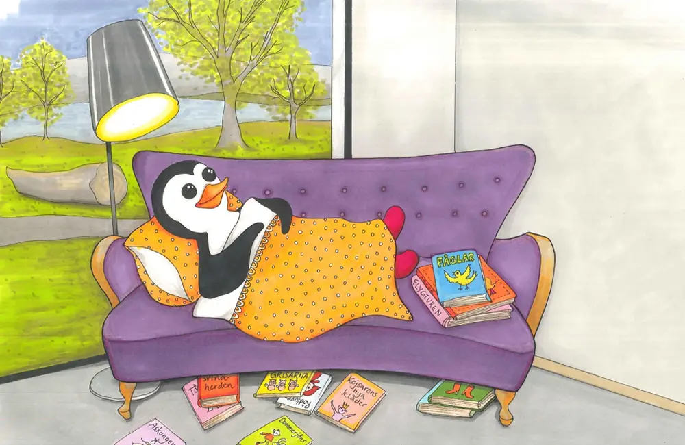 En illustration av en pingvin som ligger i en soffa med en filt på sig. På golvet ligger böcker.