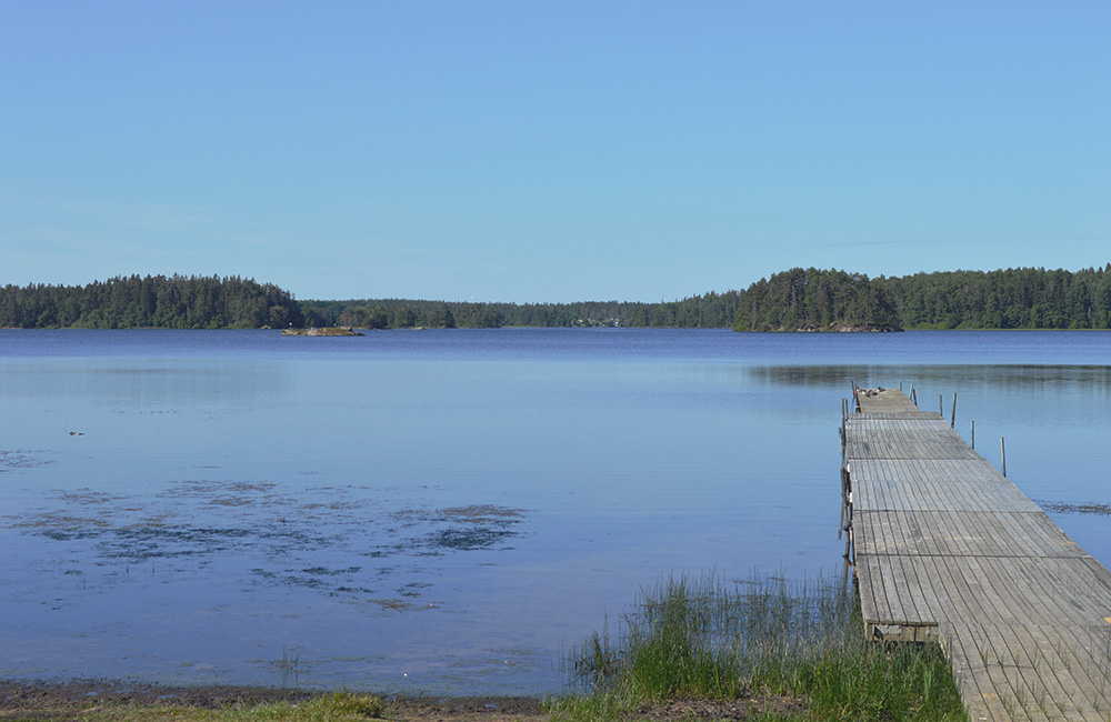 Bild över ekerydsbadets badplats. Bilden visar en brygga, en sjö och i bakgrunden ett skogslandskap.