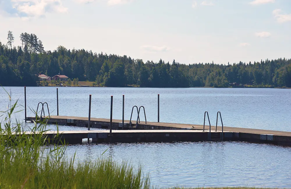 Brygga i sjö, omringad av vackert skogslandskap.