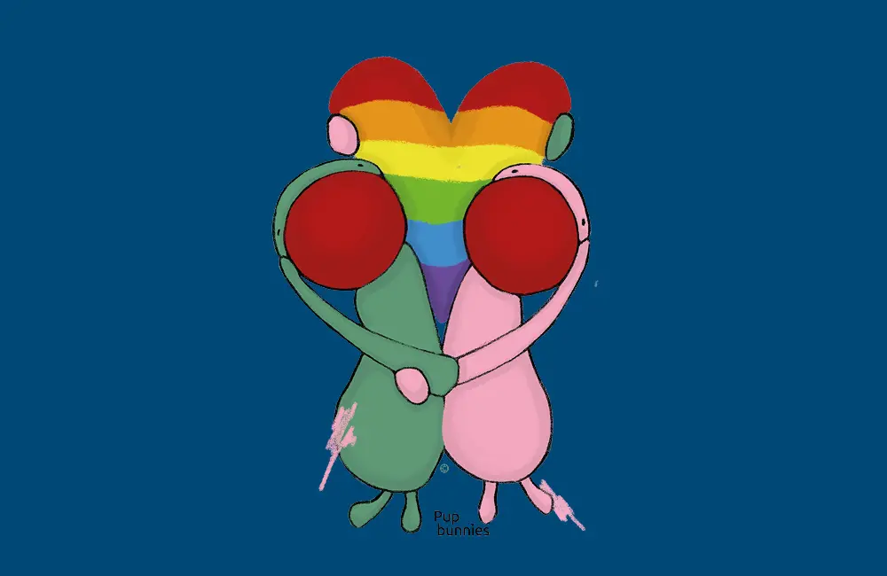 Två tecknade kaniner, en grön och en rosa både med stora röda nosar håller i ett regnbågshjärta. Bakgrunden är mörkblå.