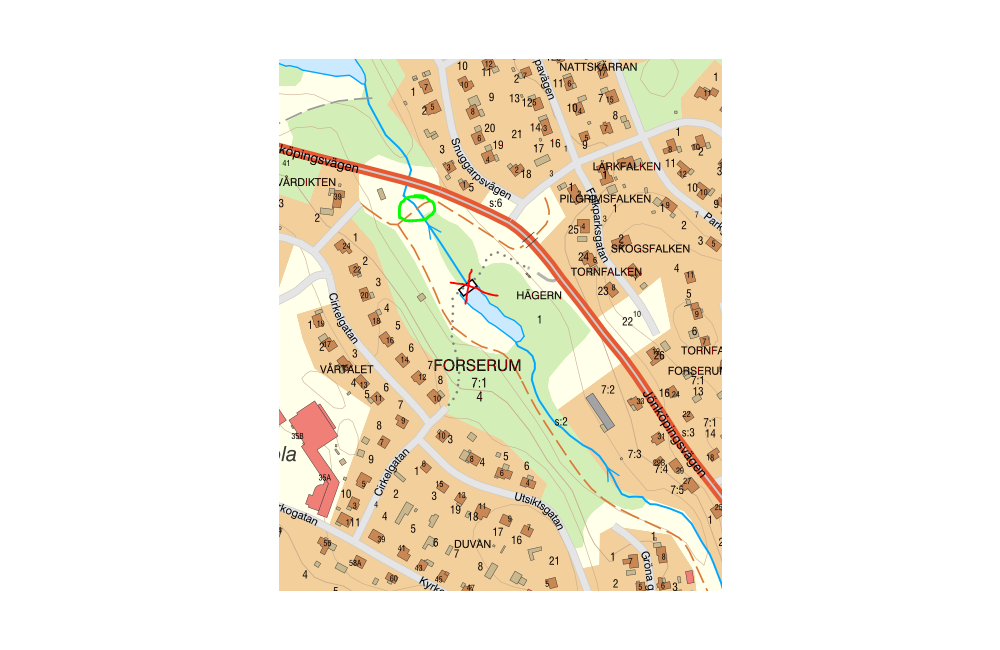karta över gångbro i Forserum