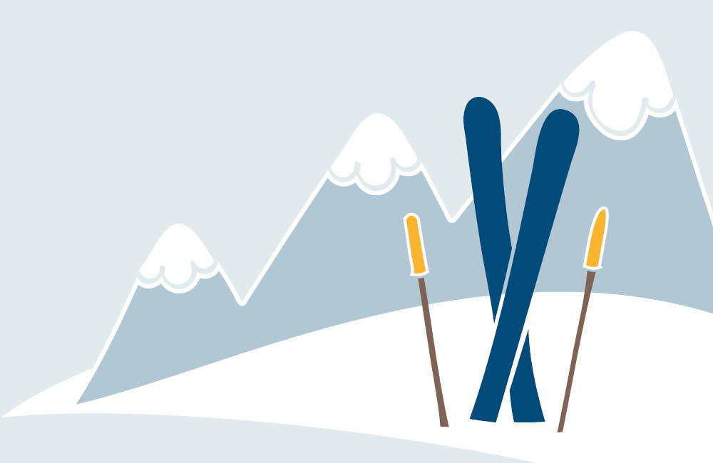 Illustration av en snögubbe med grön hatt och röd halsduk. I bakgrunden finns gröna granar.