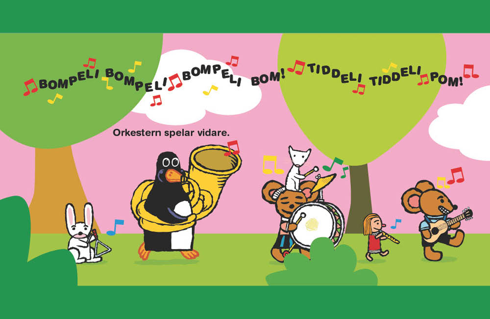Illustration av en mus, en kanin, en pingvin som spelar instrument.