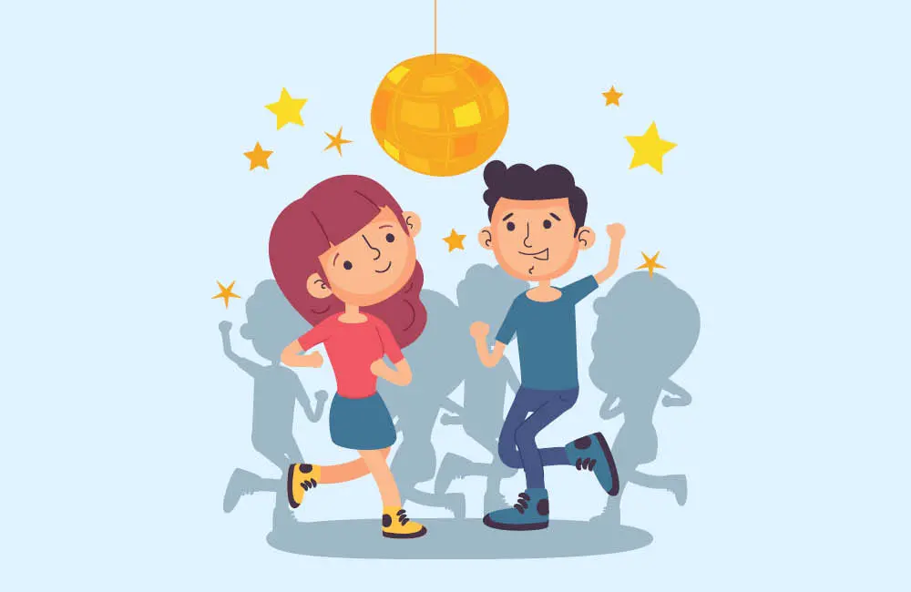 Illustration av två barn som dansar. I taket hänger en discokula.