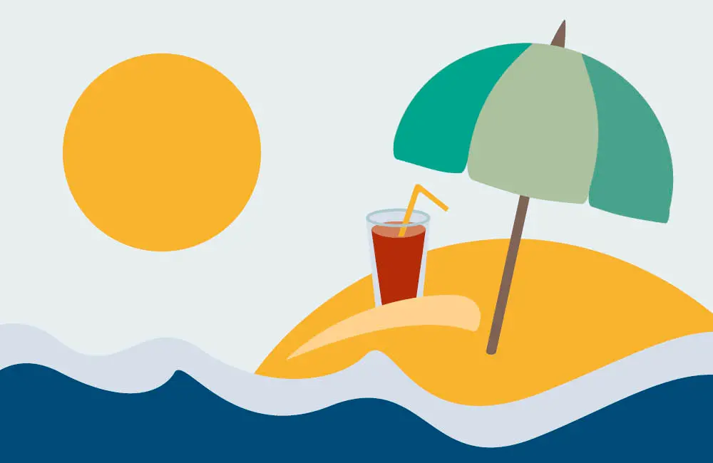  Illustration av vågor, en sol, en ö, ett parasoll och ett glas med sugrör i.
