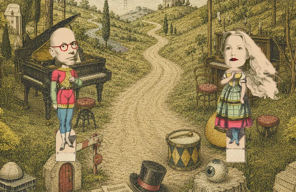 Illustration av en man och en kvinna, en hatt, en trumma och en landsväg.