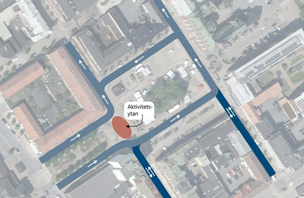 En karta som visar trafikflödet runt stortorget i Nässjö