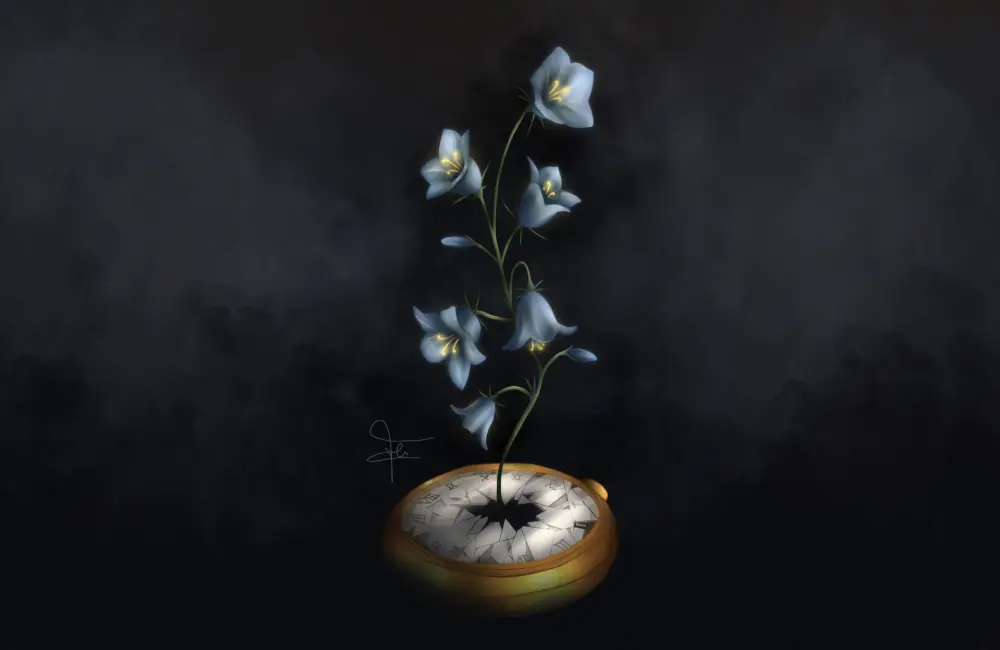Illustration av en sovande kvinna och en hand som håller i en blomma.