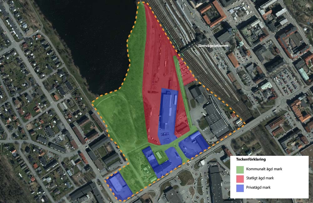 Karta som visar Västra stadens kommunala- statliga- och privata fastigheter.