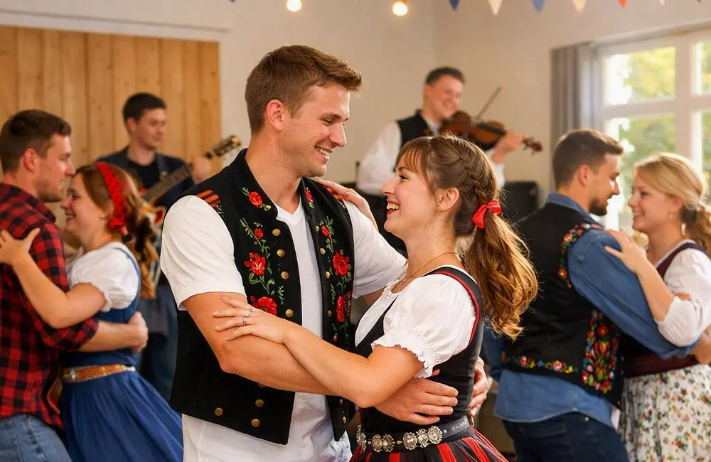 Personer dansar gammeldans i en festdekorerad lokal medan musiker spelar levande folkmusik i bakgrunden.