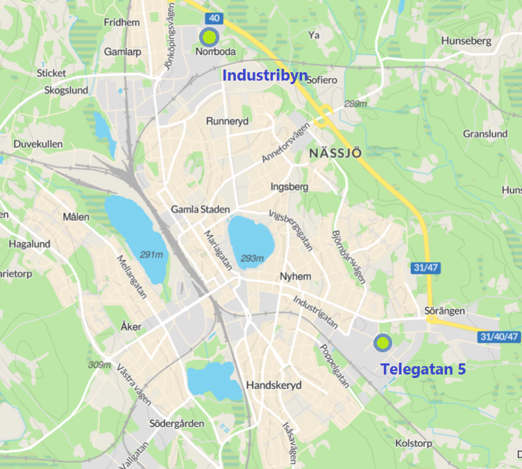 Karta över Fabrikören 1 (Industribyn), Nässjö Industriby, samt Västerhaga 1 (Telegatan 5).