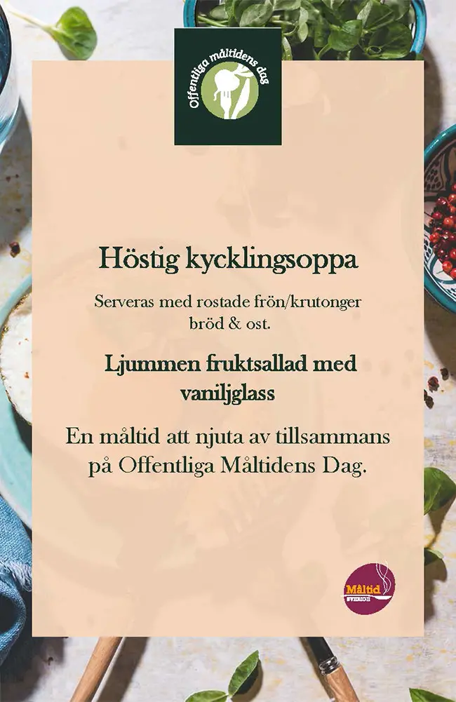 Menyn på restauranger öppna för allmänheten vid Offentliga måltidens dag 2026.