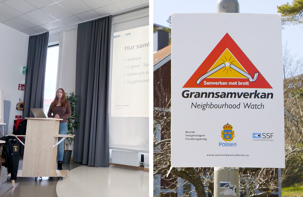 Kollage: Julia står bredvid en presentation som projekteras på en vit duk, samt en skylt med texten Grannsamverkan utomhus i ett bostadsområde.