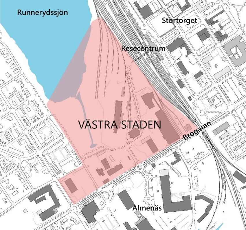 Översiktskarta som visar Västra stadens placering intill Resecentrum i Nässjö.