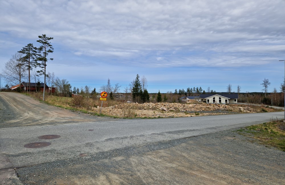 Bild som visar planområdet sett från söder. Bilden visar gata, träd, himmel, stenar, grusväg och vägskylt.