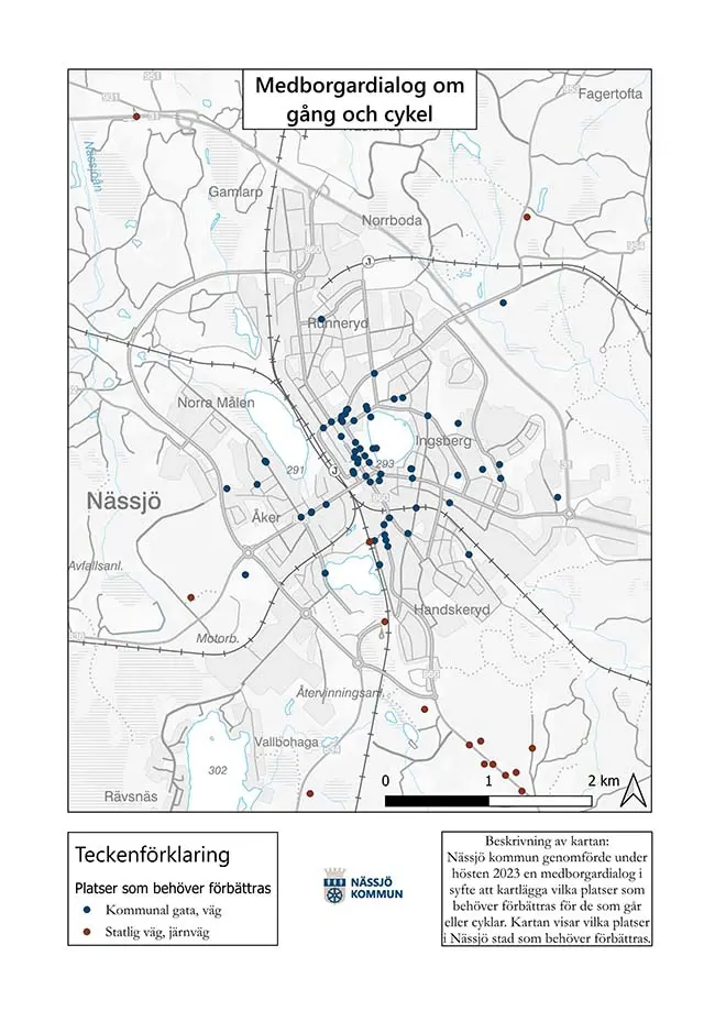 Förslag på platser som behöver förbättras för gång och cykel i Nässjö tätort.