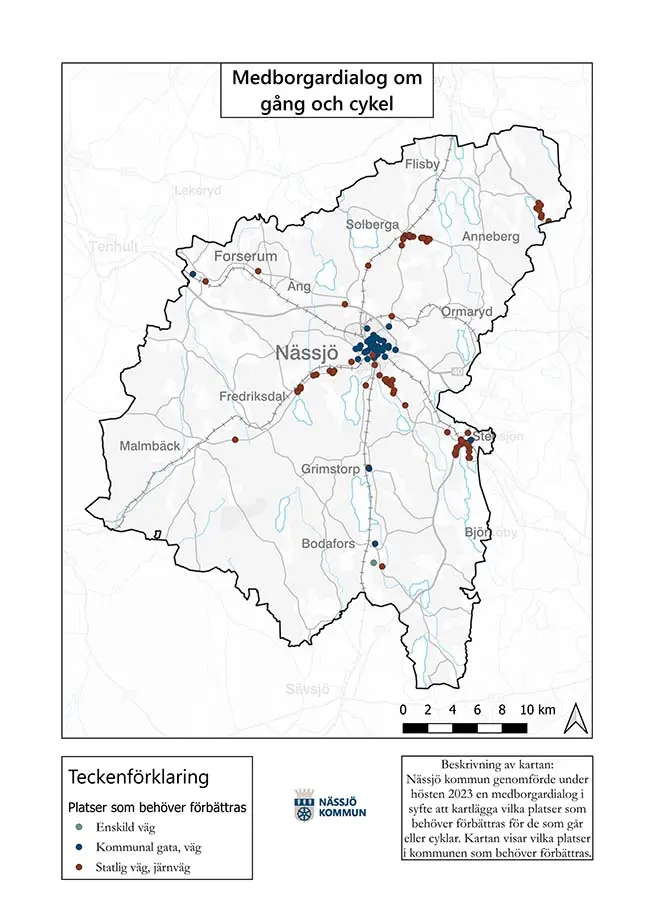 Översiktlig karta med förslag på platser som behöver förbättras för gång och cykel i Nässjö kommun.
