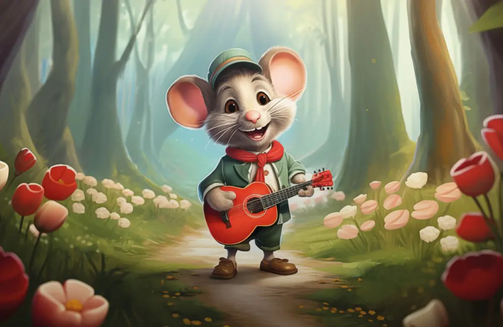 Illustration av en mus som håller i en gitarr. Musen står på en stig i en skog.