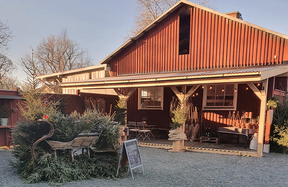 Röd byggnad med altan öppning används som butik. Utanför på grusplanen står franris och en släde.