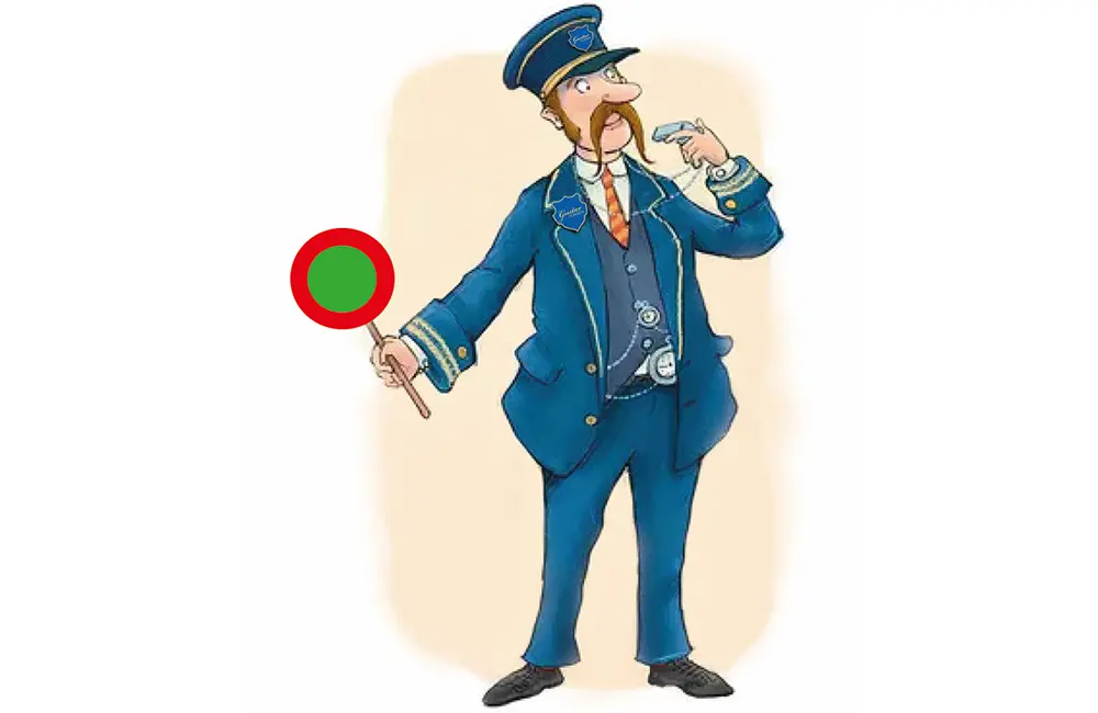 Tecknad man i blå konduktörsdräckt är påväg att blåsa i en visselpipa. Han har på sig blå hatt och har mustasch. I handen har han en grön och röd skylt.