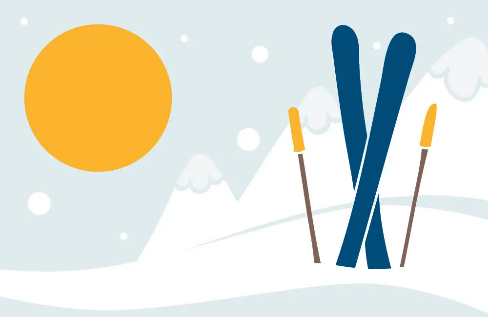 Illustration som innehåller en rund gul cirkel, skidor och stavar som är nedstuckna i en snöhög. I bakgrunden syns fjälltoppar och snöflingor.