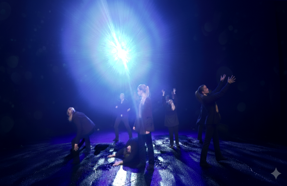 På bilden syns ett flertal tonårstjejer som är klädda i svarta kostymer. De gör olika dansposer. Bilden är mörk och det enda som lyser upp scenen de står på är en stark strålkastare där ljuset kommer bakifrån.