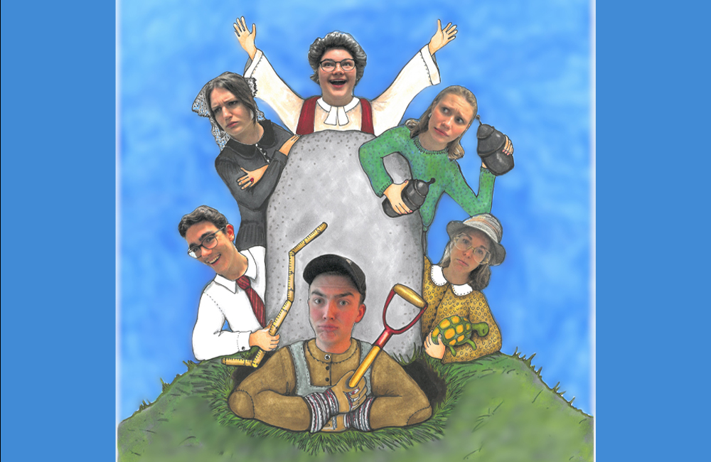 Bilden är tecknad och föreställer en gravsten där det bakom och framför den sticker fram olika personer. dessa föreställer en präst, en vaktmästare, tre kvinnor och en man som håller i diverse saker såsom en sköldpadda, en spade och en urna.