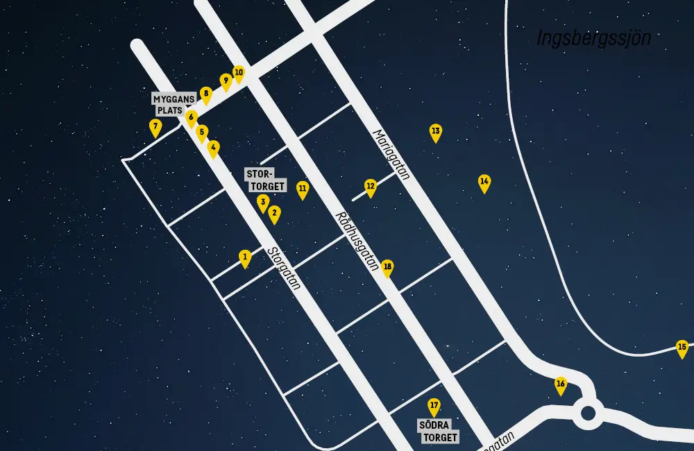 En karta över Nässjö city som markerar ut alla dekorationer som ingår i Nässjö Winter Glow. Totalt är det 16 olika dekorationer utmarkerade på Esplanaden, Storgatan, Köpmansgatan, Rådhusgatan och i stadsparken.
