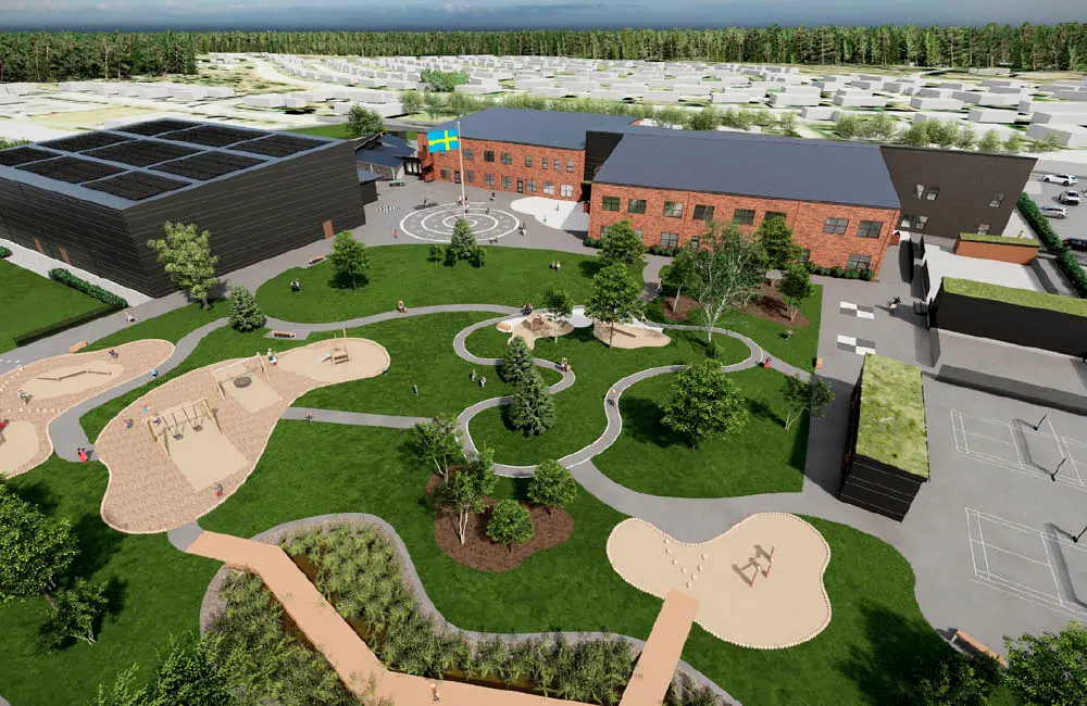 En illustration över en skolgård med röda tegelbyggnader och stora grön- och lekområden.