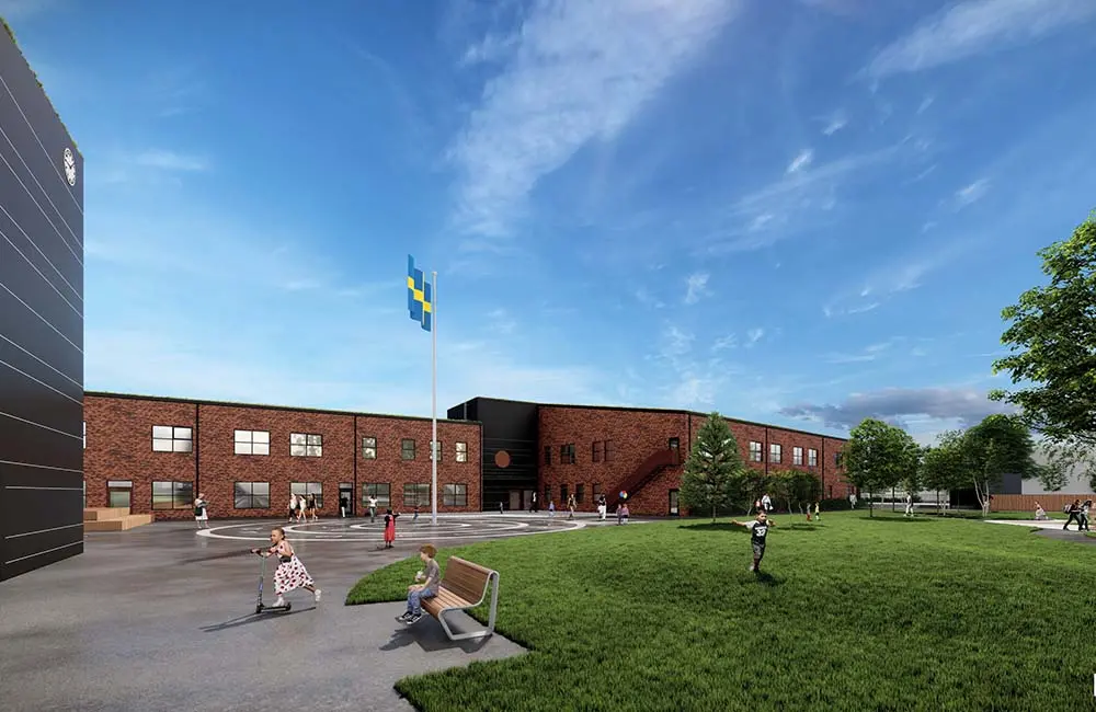 Projektbild för skola med byggnad och omgivning.
