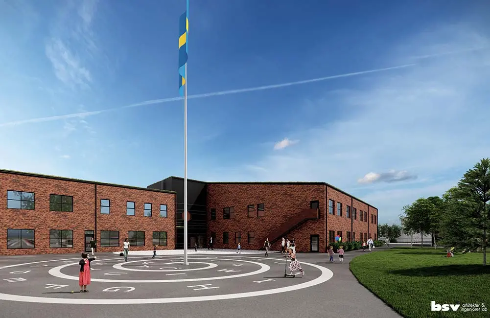 Projektbild för skola med byggnad och omgivning.