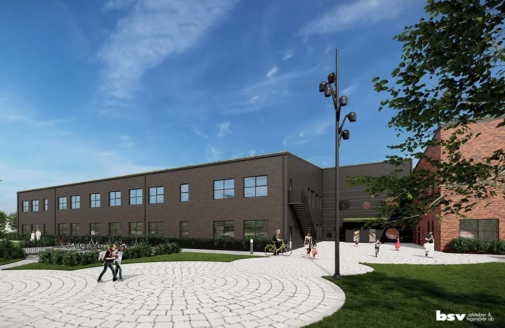 Projektbild för skola med byggnad och omgivning.