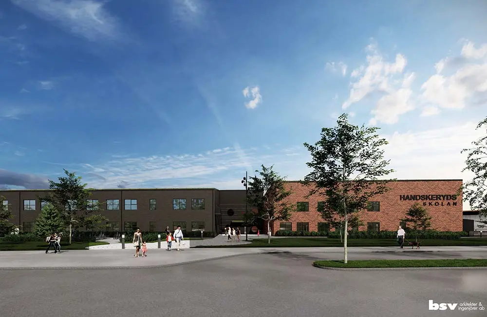 Projektbild för skola med byggnad och omgivning.