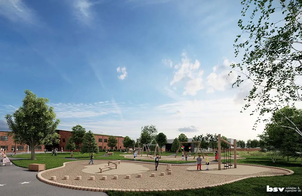 Projektbild för skola med byggnad och omgivning.