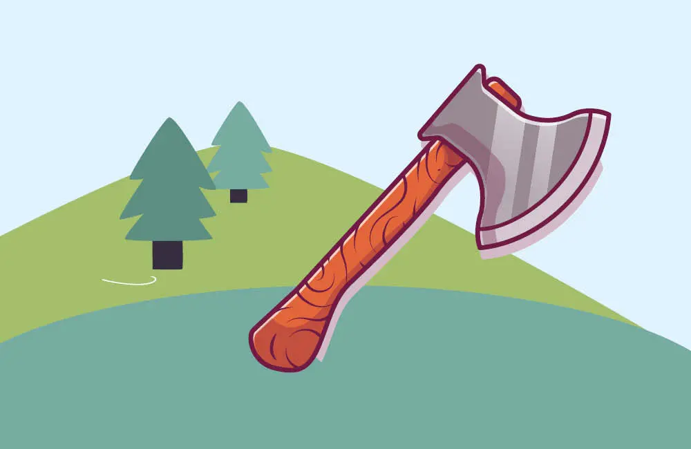 Illustration av två granar och en yxa.