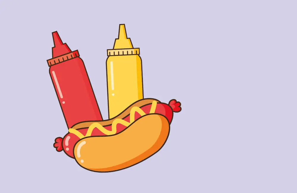 Illustration av korv i korvbröd och två flaskor.