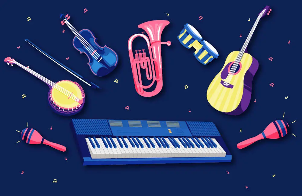 Illustration av olika instrument som en gitarr, marackas och synt.
