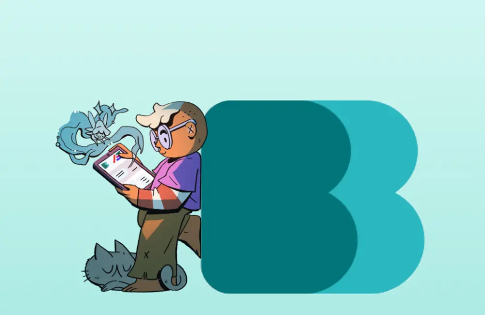 Illustration av bokstaven B samt en figur. Bilden används för att marknadsföra webbplatsen Barnens bibliotek.